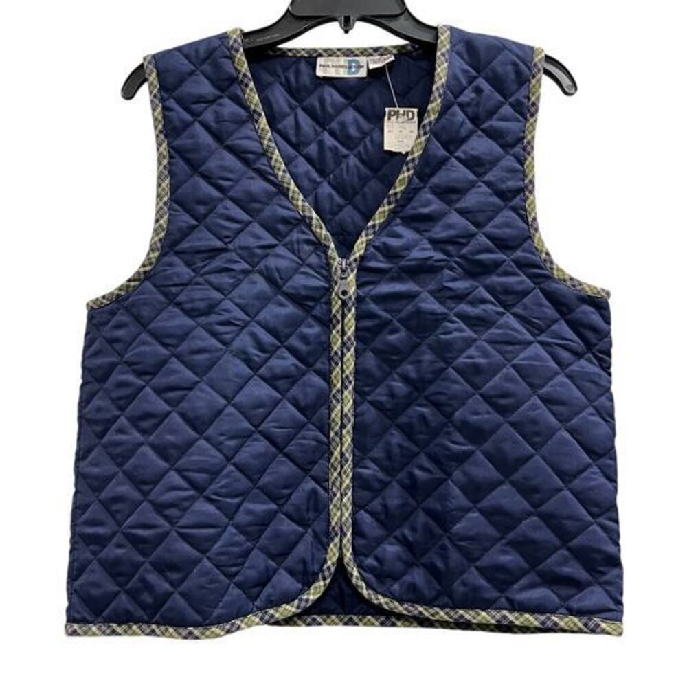 PAUL HARRIS vtg blue quilted vest tartan plaid trim 3/4 zip NWT Sz S
